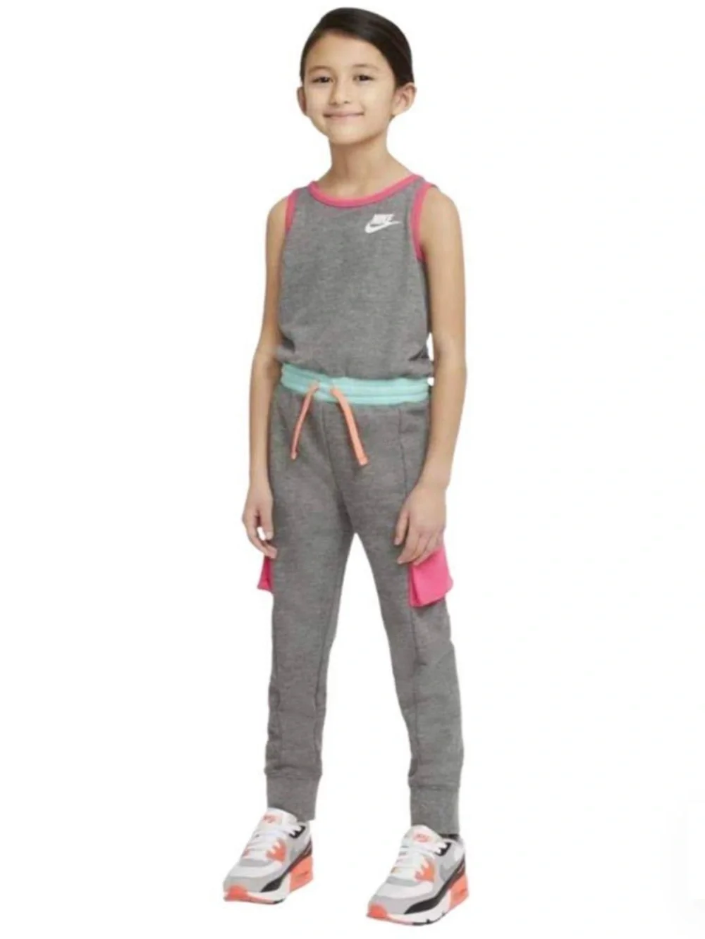 Nike Girls Sportswear Cargo Jumpsuit - Grey Pink Teal Colorblock Sz L or 6X